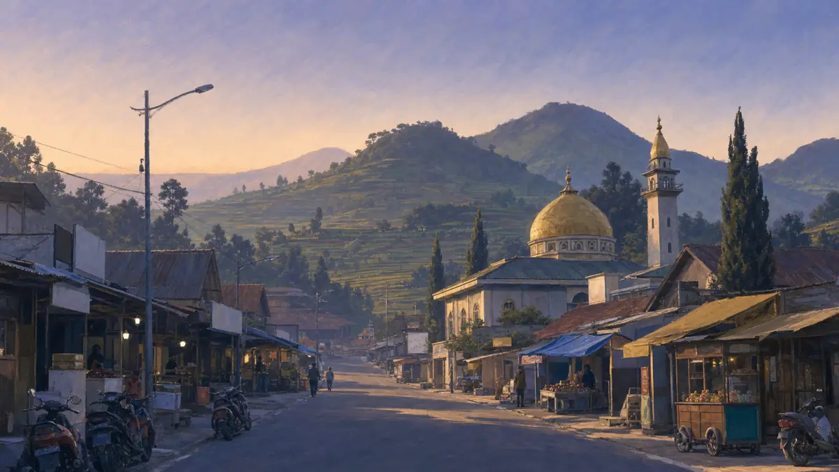 Ilustrasi jalan utama desa di Dieng dengan warung dan masjid