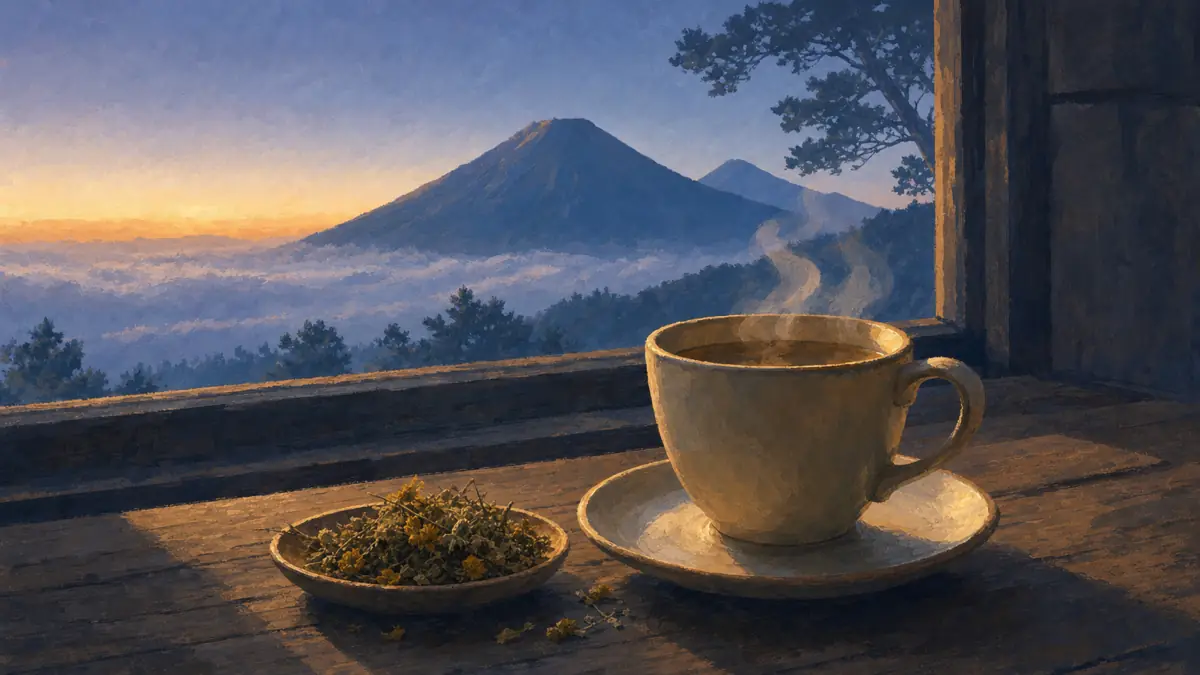 Ilustrasi secangkir kopi purwaceng hangat di pagi dingin