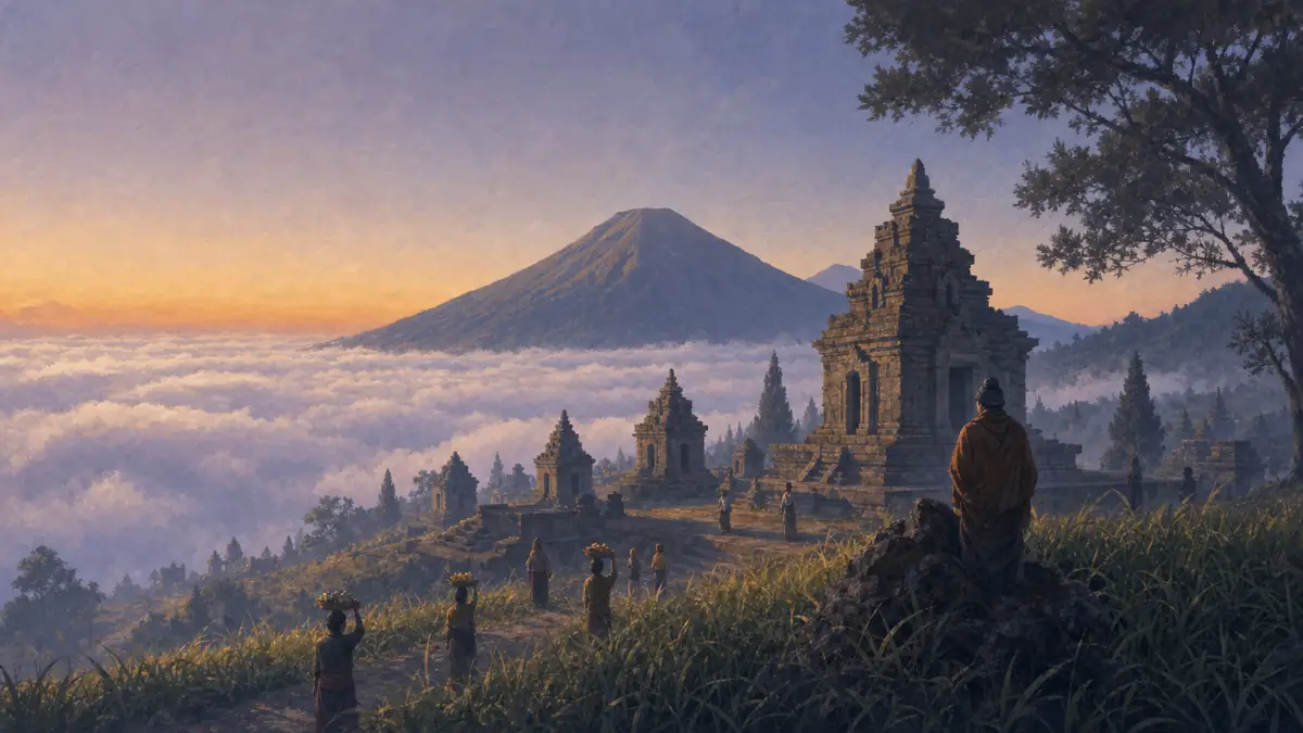 Ilustrasi candi Hindu Dieng di masa lampau dengan peziarah