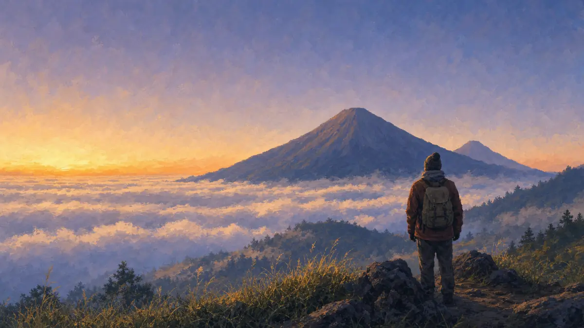 Ilustrasi pejalan sendirian dengan ransel memandang lautan awan Dieng
